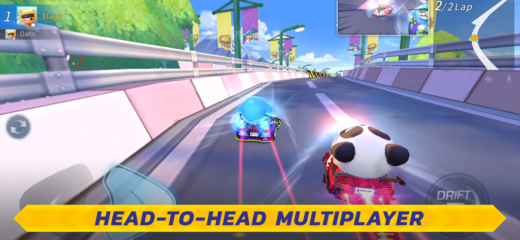 Two racers competing in head to head multiplayer mode on a track in KartRider Rush Plus