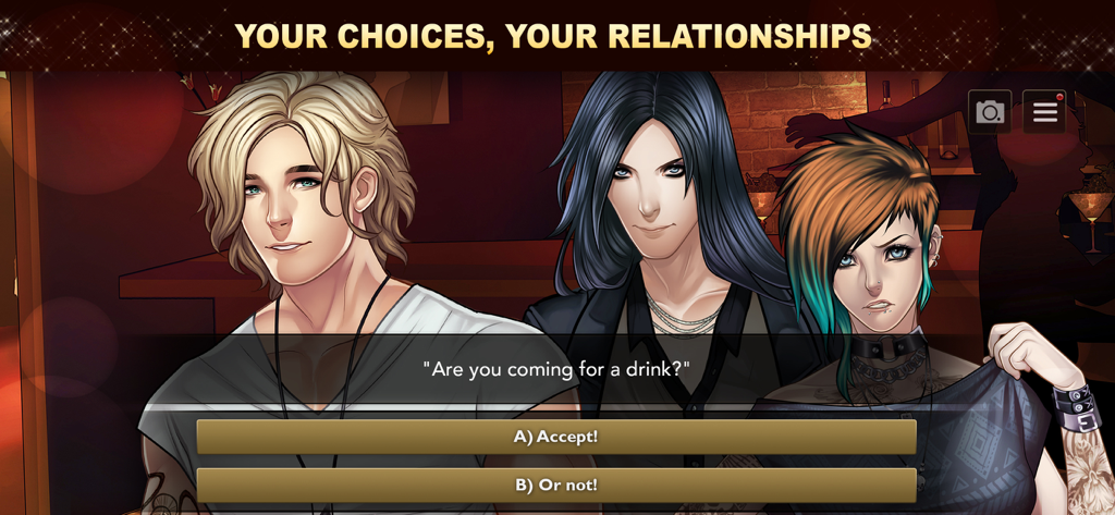 Gameplay screen of Is It Love Colin showing three characters in a bar with interactive dialogue options.