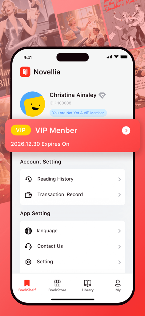 Novellia - Webnovel & Romance - User profile screen of the Novellia app showing account settings, VIP membership banner, and reading history.
