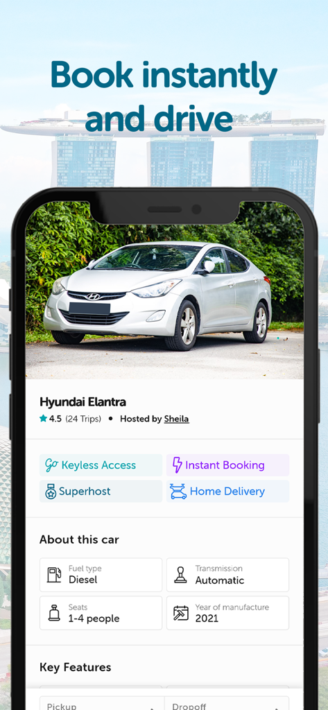 Drive lah - Pantalla de la aplicación Drive lah que muestra un Hyundai Elantra plateado disponible para reserva instantánea con acceso sin llave
