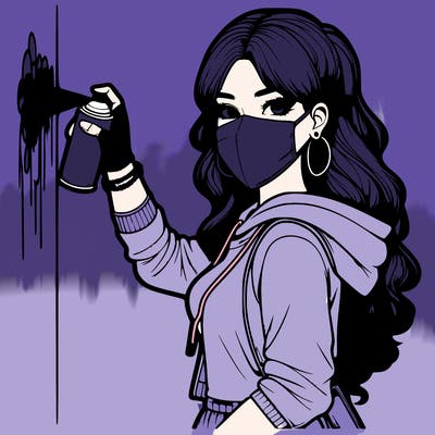 realistic girl with mask spray painting a wall