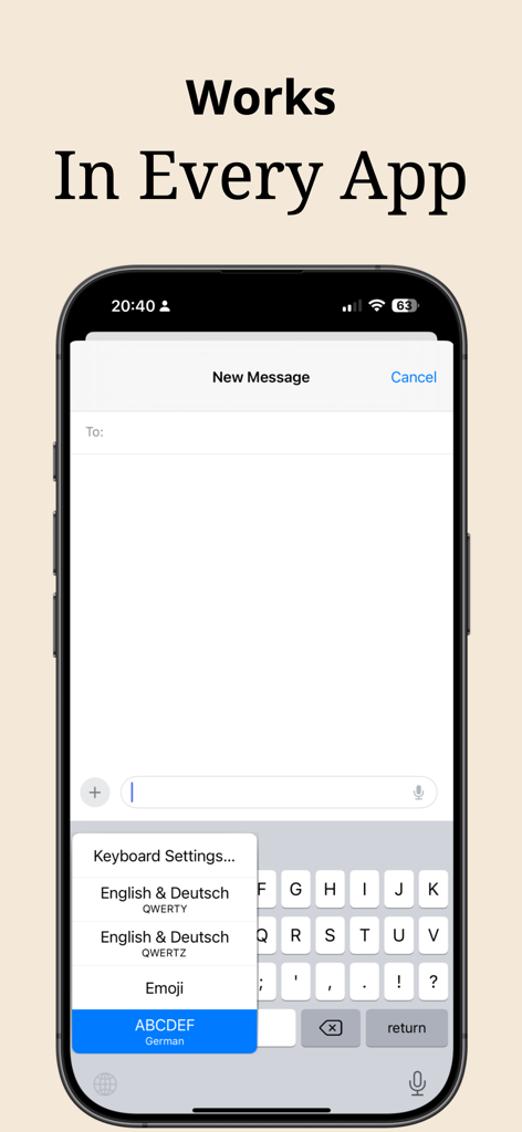 ABCDEF Keyboard Custom layout - iPhone screen showing the ABCDEF alphabetical keyboard layout selected within a messaging app to demonstrate compatibility.
