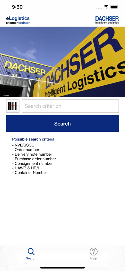 DACHSER shipmentpointer App Suchoberfläche mit Tracking-Kriterien und Barcode-Scan-Option
