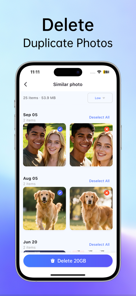 Clean Up app interface showing the duplicate photo removal feature with side by side similar images and a delete button.