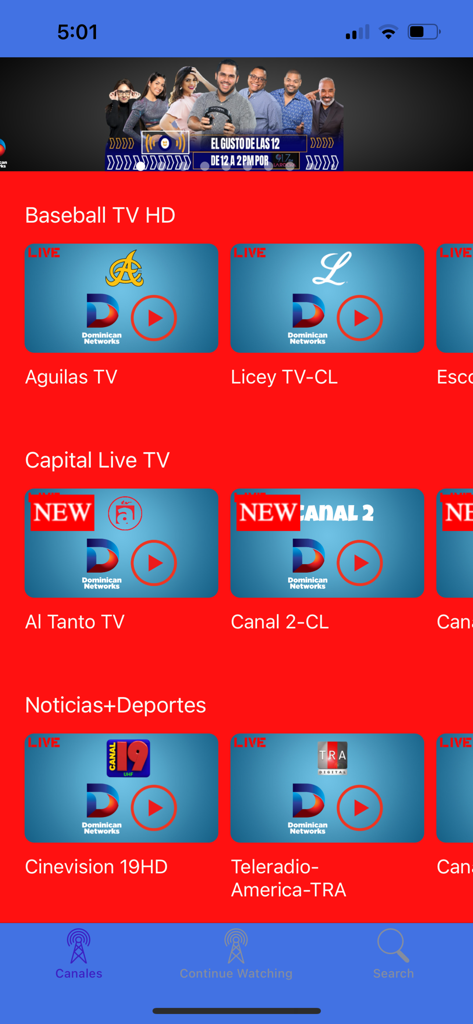 Dominican Networks - Interfaccia dell'app mobile Dominican Networks che mostra canali TV live per sport, notizie e intrattenimento.