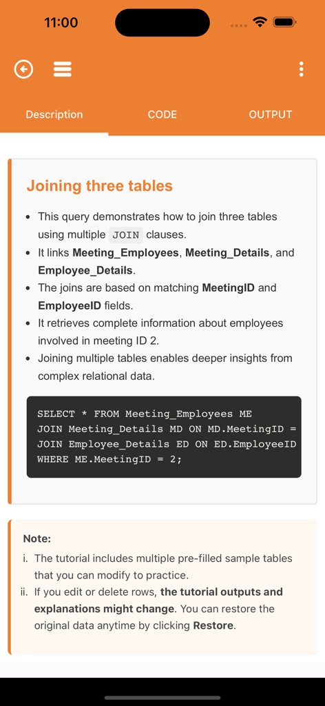 SQL Code Play - SQL Code Play app screen showing a tutorial on joining three database tables with code example