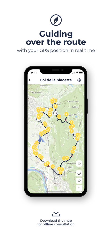 Interface do aplicativo móvel On Piste mostrando um mapa topográfico com orientação de rota GPS em tempo real