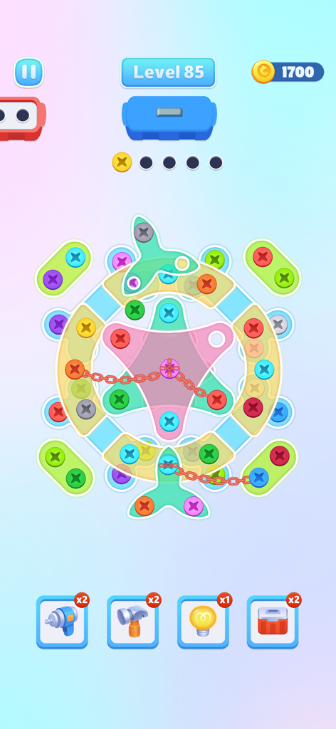 Nuts Out - Screw Jam Puzzle - A screenshot of Nuts Out Screw Jam Puzzle showing colorful screws and glass shapes in a logic sorting game level