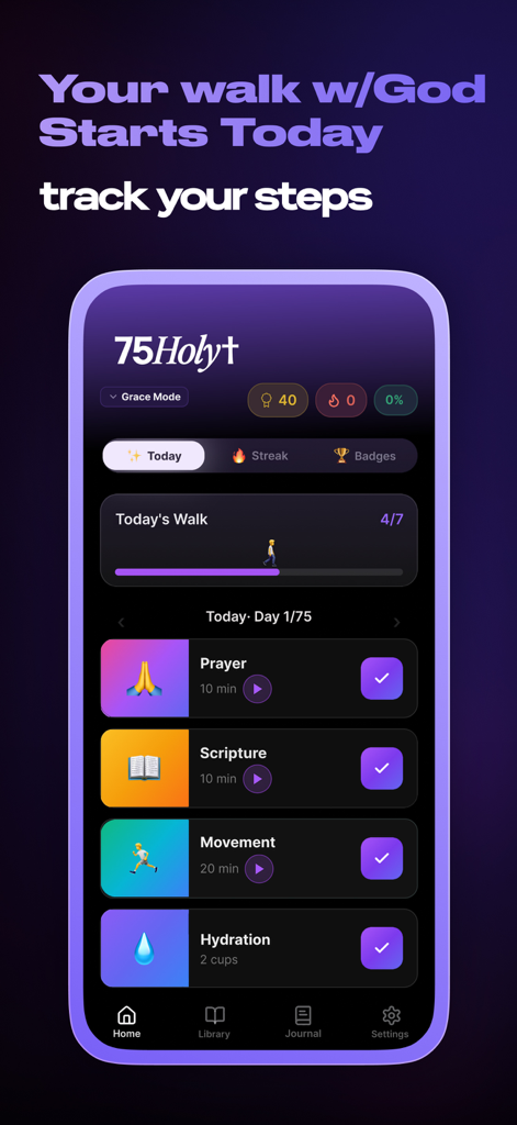Screenshot of the 75 Holy Challenge app displaying a daily task checklist for prayer scripture and physical movement