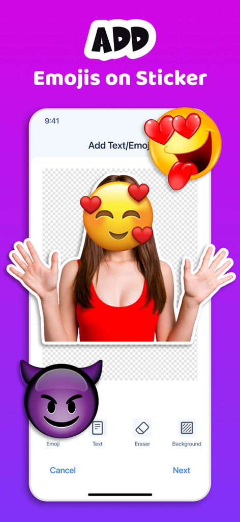 Sticker Maker・Stickers & Emoji - Captura de pantalla de la aplicación sticker maker que muestra cómo añadir emojis y decoraciones a stickers personalizados.