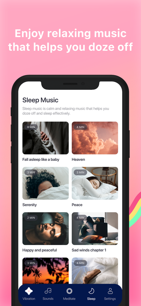 iVibrate - Vibrator Phone Spa - Smartphone screen displaying a selection of relaxing sleep music tracks in the iVibrate app.