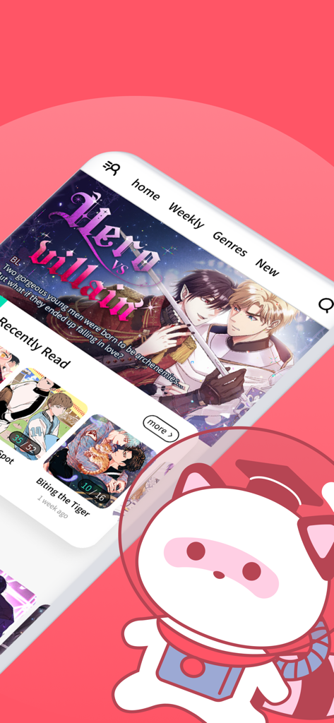 Lalatoon - Comics & Webtoon - Lalatoon mobile app home screen showing various romance and BL comic titles with a cute mascot