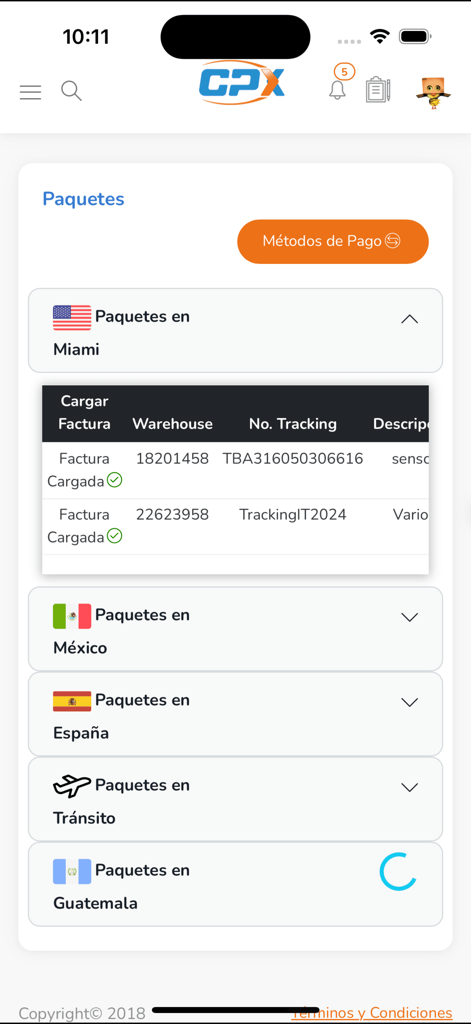 Mobile app interface for CPX showing a list of international packages and tracking numbers.