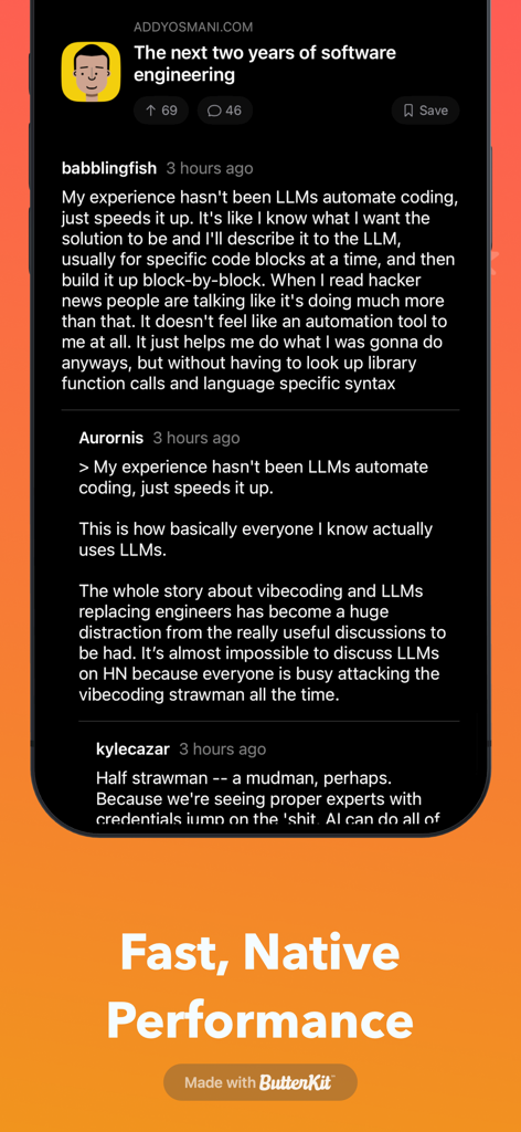 Hackers for Hacker News - Interface en mode sombre de l'application Hackers for Hacker News montrant les commentaires imbriqués dans une discussion sur l'ingénierie logicielle.