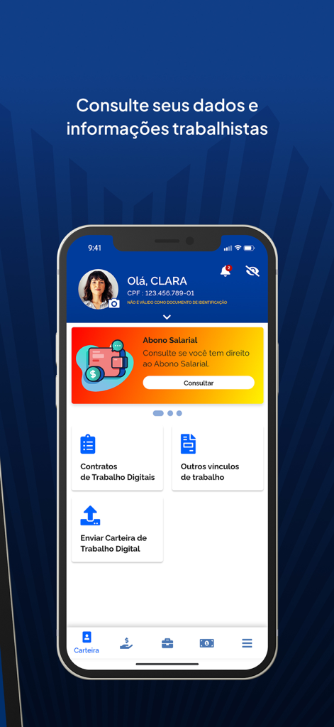 Interface do usuário do aplicativo Carteira de Trabalho Digital mostrando dados trabalhistas e benefícios sociais