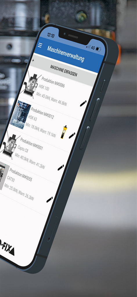 REGO-FIX FMA - Aplicación REGO-FIX FMA mostrando una lista de perfiles de máquinas CNC industriales y datos de fuerza del husillo.