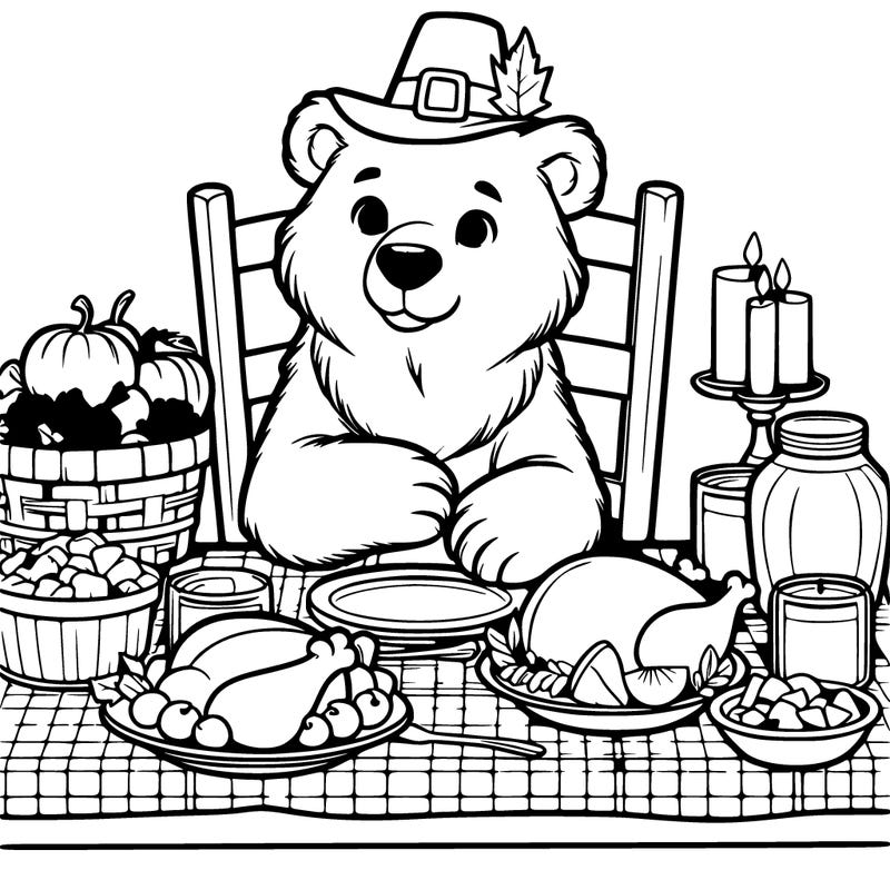 realistic bear sitting at a thanksgiving table full of food