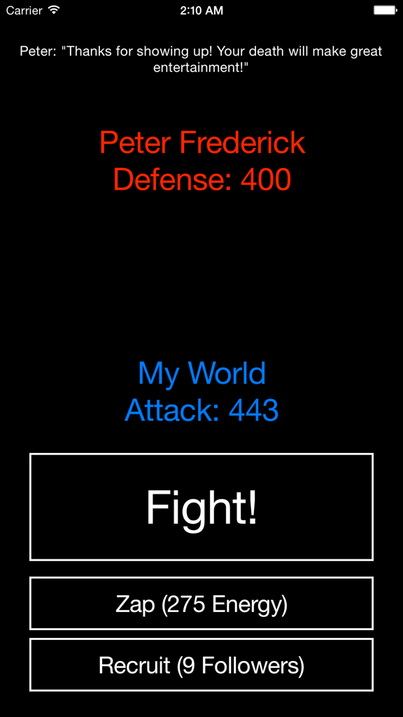 Nano Empire - Text based combat interface in Nano Empire showing attack stats and action buttons