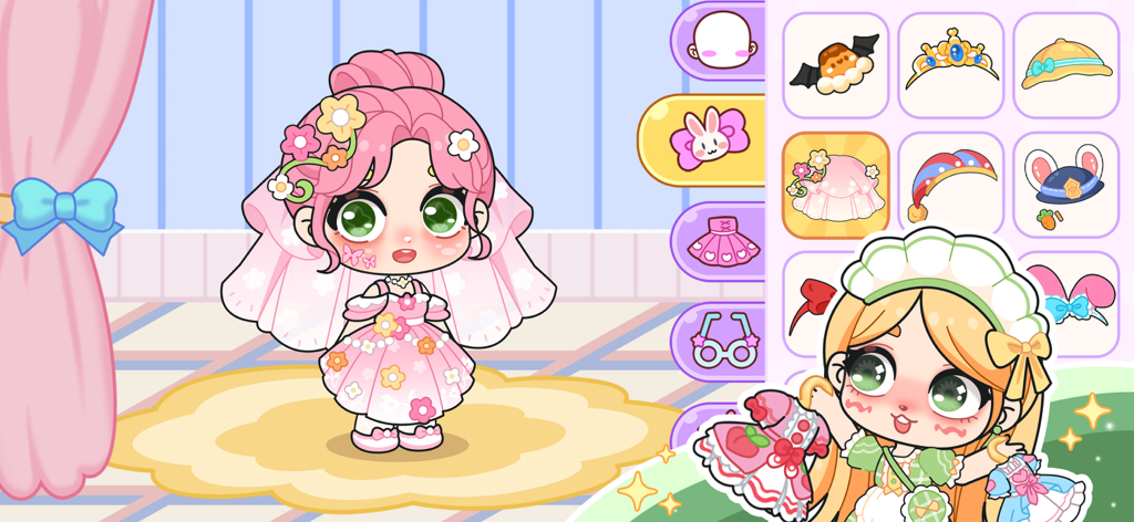 Pantalla de personalización de personajes de Ayla World con un lindo avatar chibi y varias opciones de atuendos y accesorios