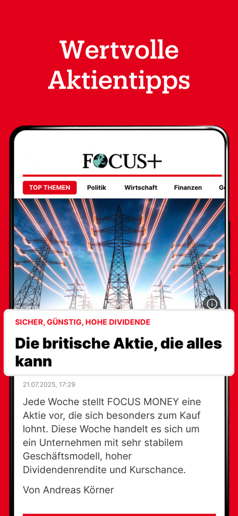 Captura de pantalla de la aplicación Focus Plus que muestra valiosos consejos de bolsa y noticias financieras en alemán.
