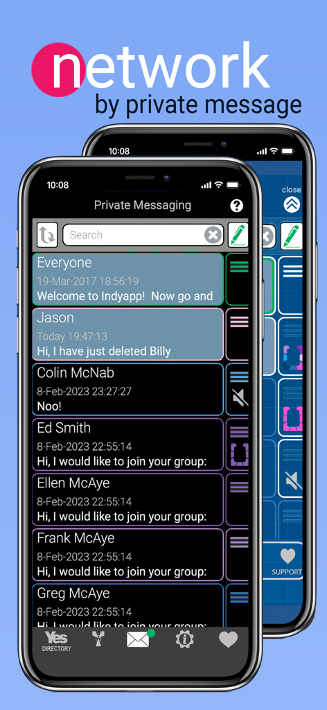IndyApp for Yes - Private messaging screen of the IndyApp showing conversation threads between Scottish Independence supporters