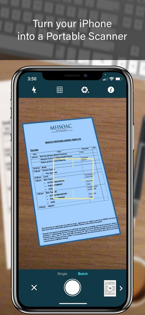 Interface de l'application mobile PRO SCANNER sur un iPhone capturant un document pour numérisation numérique