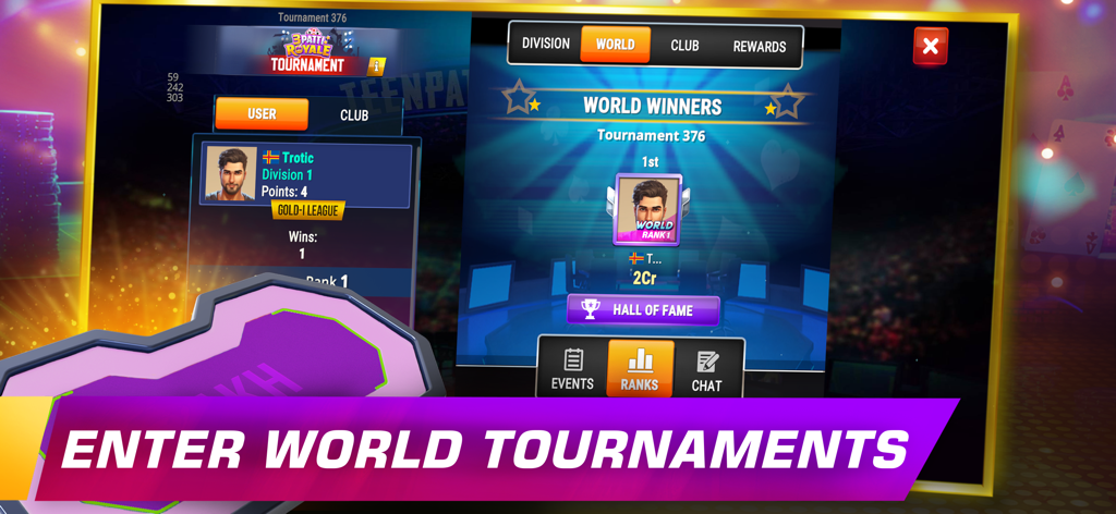 Tabla de clasificación del torneo mundial y perfiles de ganadores en Teen Patti Royale Gold League