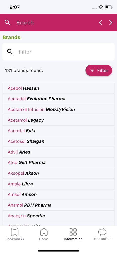 PharmaGuide - Search interface in the PharmaGuide app displaying a list of pharmaceutical brands and their manufacturing companies