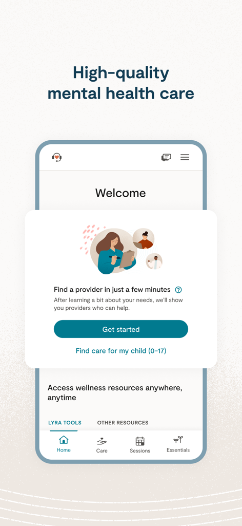 Lyra Health - Lyra Healthアプリのウェルカムスクリーン。高品質なメンタルヘルスケアの見出しとプロバイダーを見つけるためのプロンプトが表示されています。