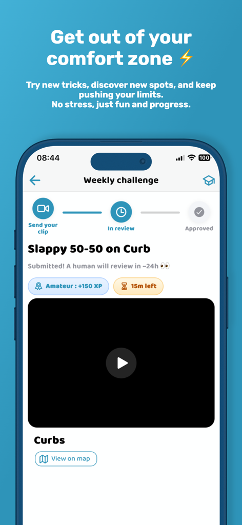 Smap mobile app screen showing a weekly skate challenge for a Slappy 50-50 on a curb with XP rewards and video submission status.