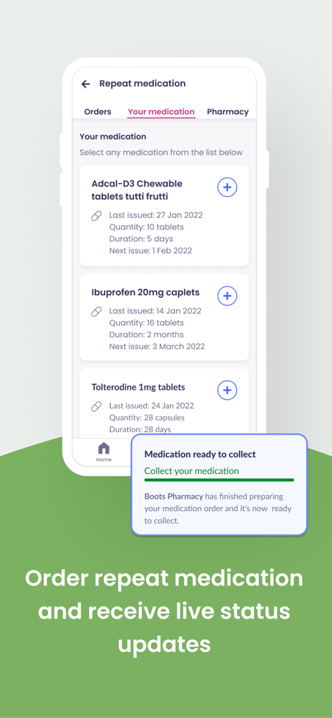 Tela do aplicativo Patient Access exibindo uma lista de medicamentos recorrentes e uma notificação em tempo real para retirada de prescrições.