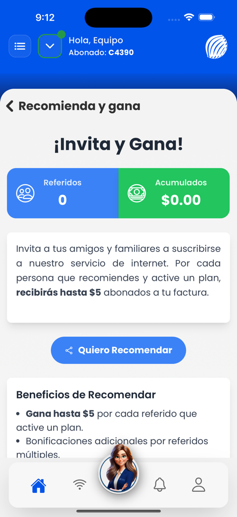 Pantalla del programa de referidos de la aplicación Fibex Oficina Movil mostrando recompensas por invitar a amigos y familiares