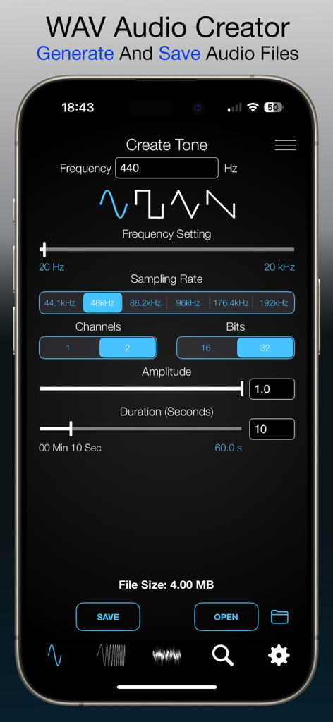 WAV Audio File Generator app interface showing professional tone creation settings