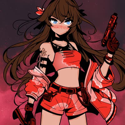 bad girl wearing crop top holding a gun long hair anime