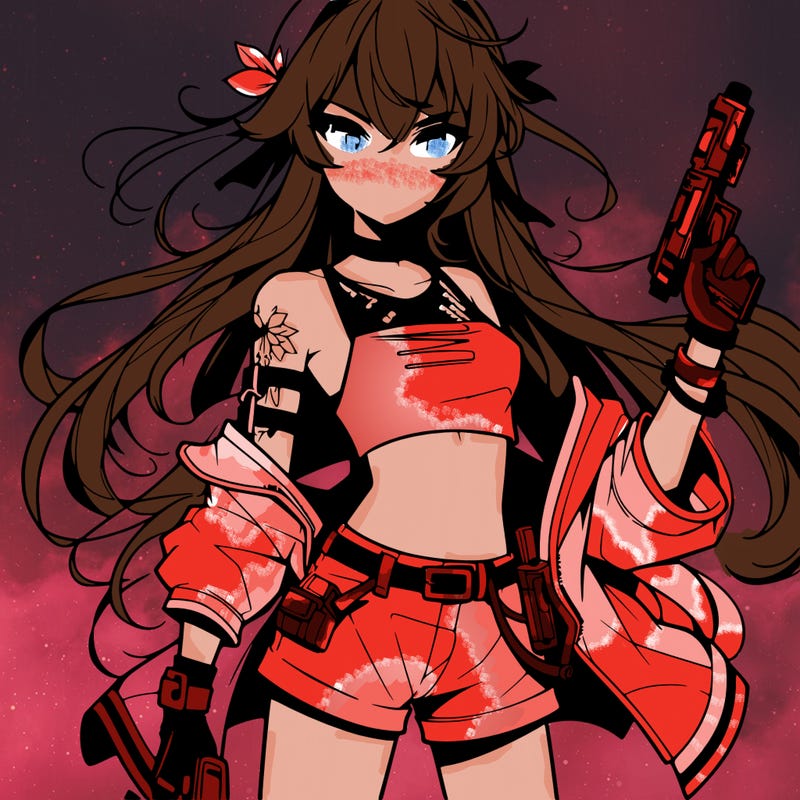 bad girl wearing crop top holding a gun long hair anime