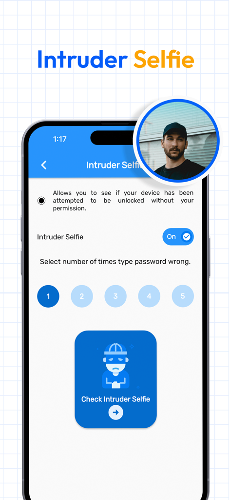 Calculator Lock - Secure Vault - 계산기 잠금 앱의 침입자 셀카 기능 화면으로 보안 설정 및 캡처된 샘플 사진이 표시됩니다.