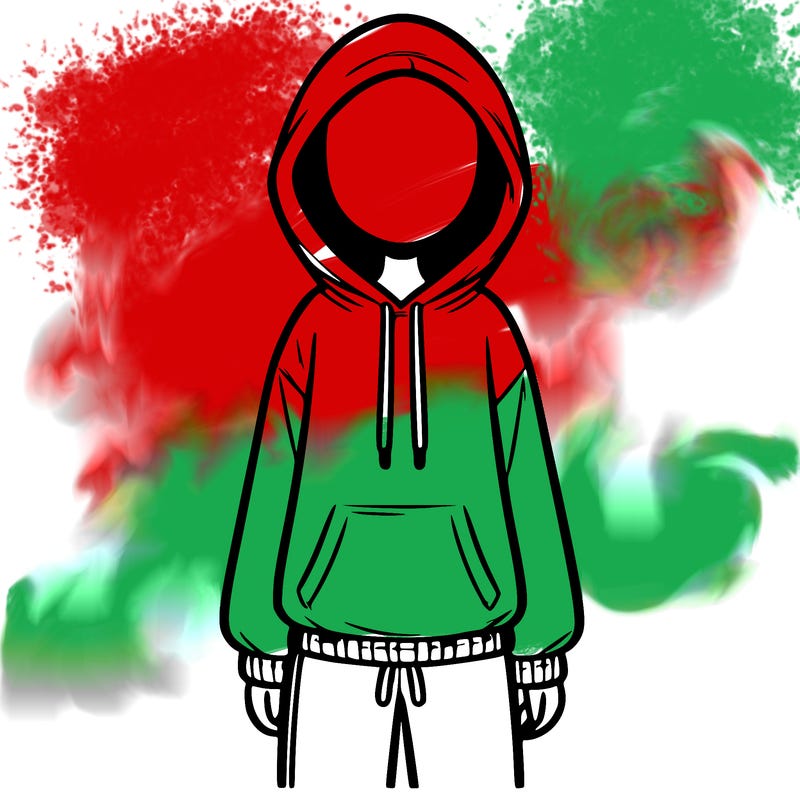 faceless girl in a tracksuit with a hood on and no hair