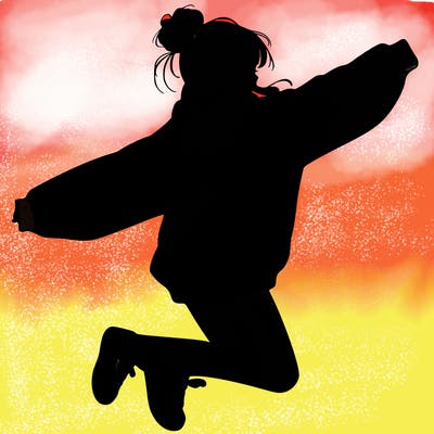 realistic girl jumping with a bun and oversized sweatshirt