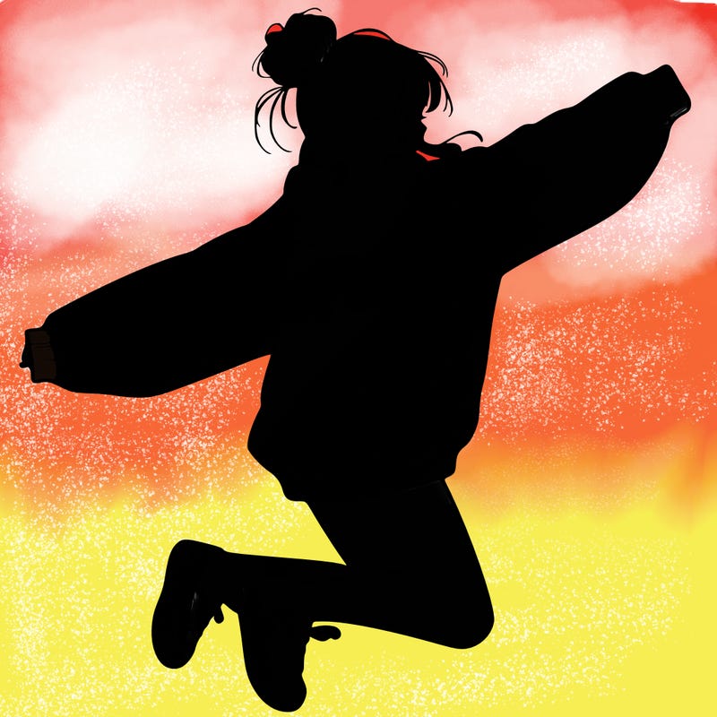 realistic girl jumping with a bun and oversized sweatshirt