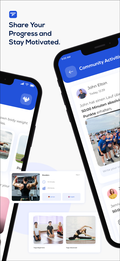 Smartphone-Bildschirme mit dem Community-Feed der Teamfit-App, der Trainingsfortschritte und gemeinsame sportliche Aktivitäten zeigt