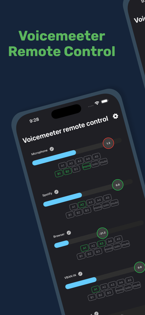 Interface de l'application Voicemeeter Remote Control montrant les curseurs audio et les contrôles de routage