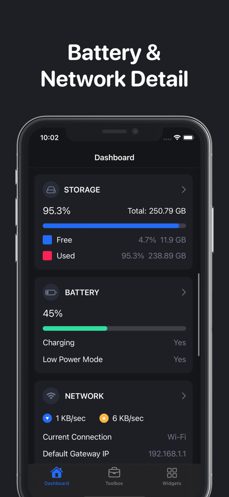 CPU Z: Device Monitor x Dasher - Interface of the CPU Z app displaying storage battery and network statistics