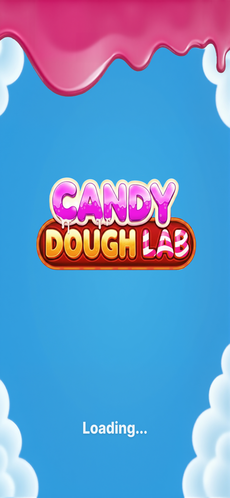Candy Dough Lab - Pantalla de carga de la aplicación móvil Candy Dough Lab con goteo de jarabe rosa y fondo de cielo azul