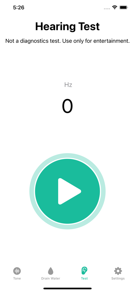 Interfaccia del test dell'udito dell'app Generatore di Toni Frequenza che mostra 0 Hz e un pulsante di riproduzione.