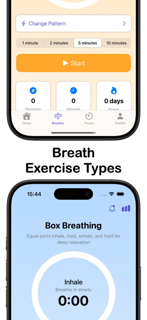 Take Breath - Meditation Focus - Interfaccia dell'app Take Breath che mostra i tipi di esercizi di respirazione e un timer per la respirazione quadrata
