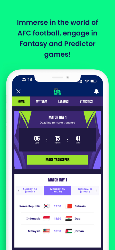 AFC LIVE - AFC LIVE app interface showing fantasy football transfer countdown and match schedules for Asian national teams