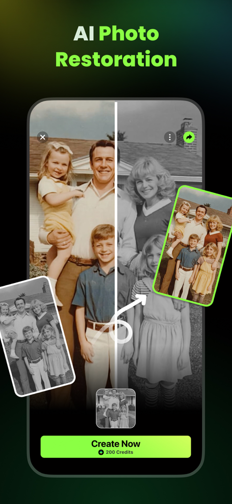 AI Catch: AI Video Generator - Interface of AI Catch app showing a before and after comparison of an old family photo being restored and colorized.