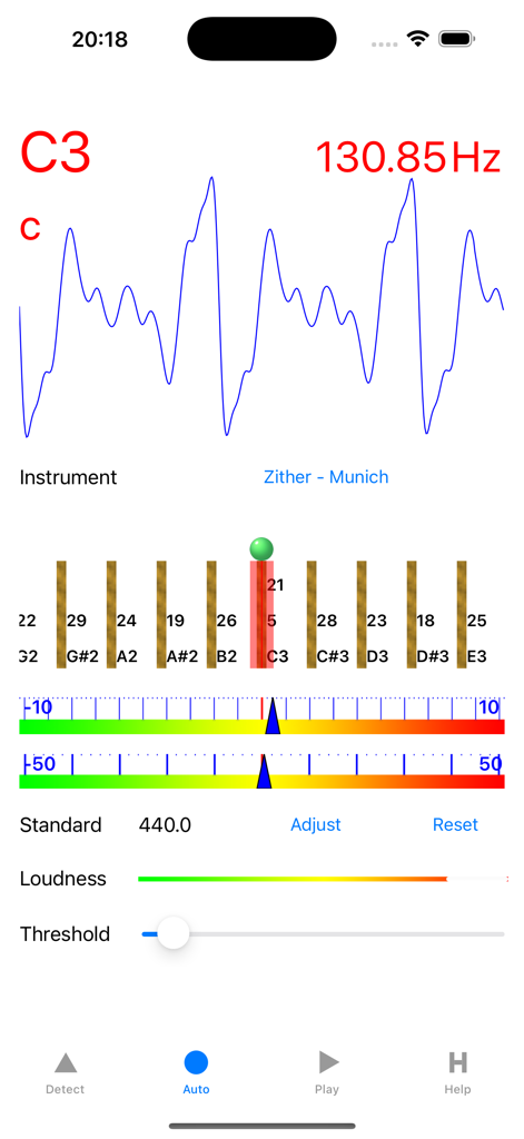 ツィターチューナーアプリのインターフェースに、リアルタイムのピッチ検出周波数と波形表示が表示されています