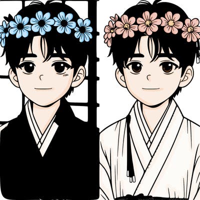 realistic korean boy with flowers in his hair