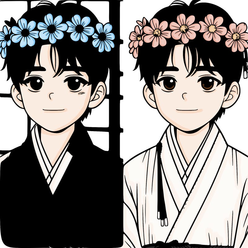 realistic korean boy with flowers in his hair